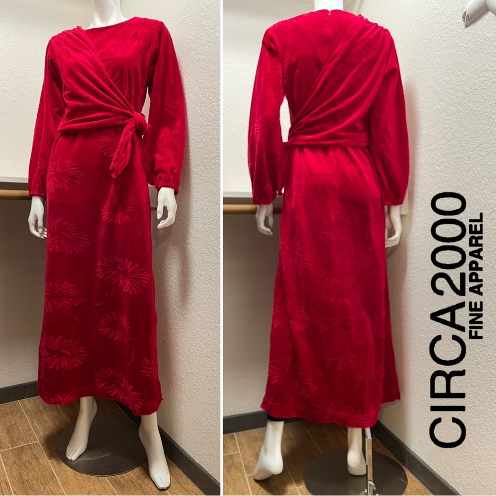 VTG🇺🇸Circa 2000 Red Velour Floral Print Top Overlap Wrap Festive Holiday Dress